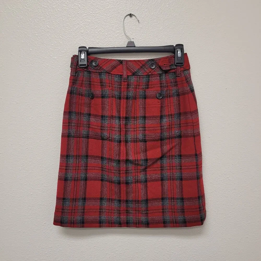Eddie Bauer Red Plaid Skirt Size 2 100% Wool Pencil Holiday Preppy Fall School